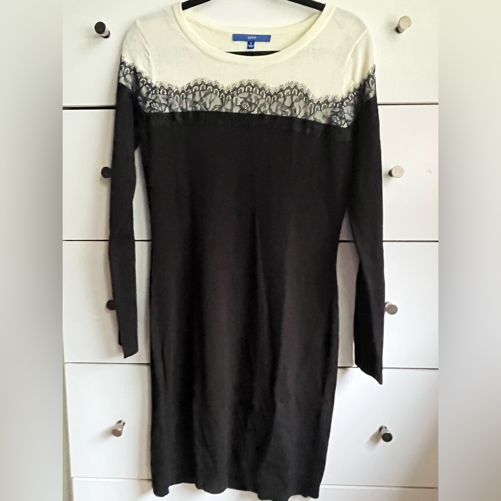 Elegant Black and White sweater dress with Lace Detail
